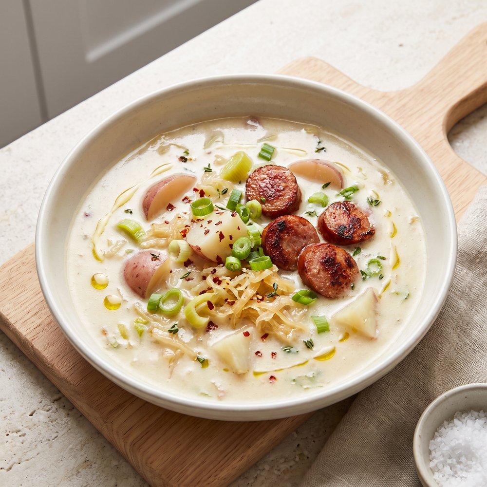 Leek, Potato and Sauerkraut Chowder with Kielbasa