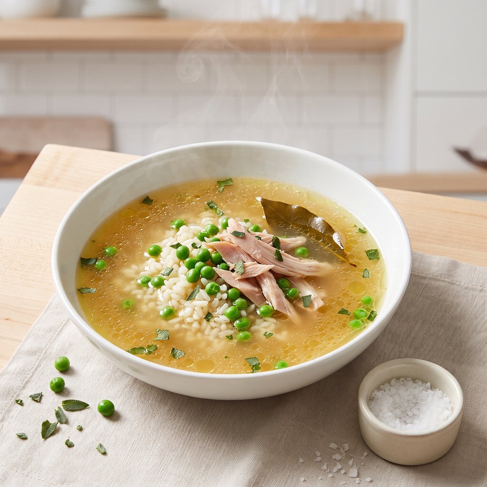 Leftover Turkey Carcass Soup with Rice and Peas