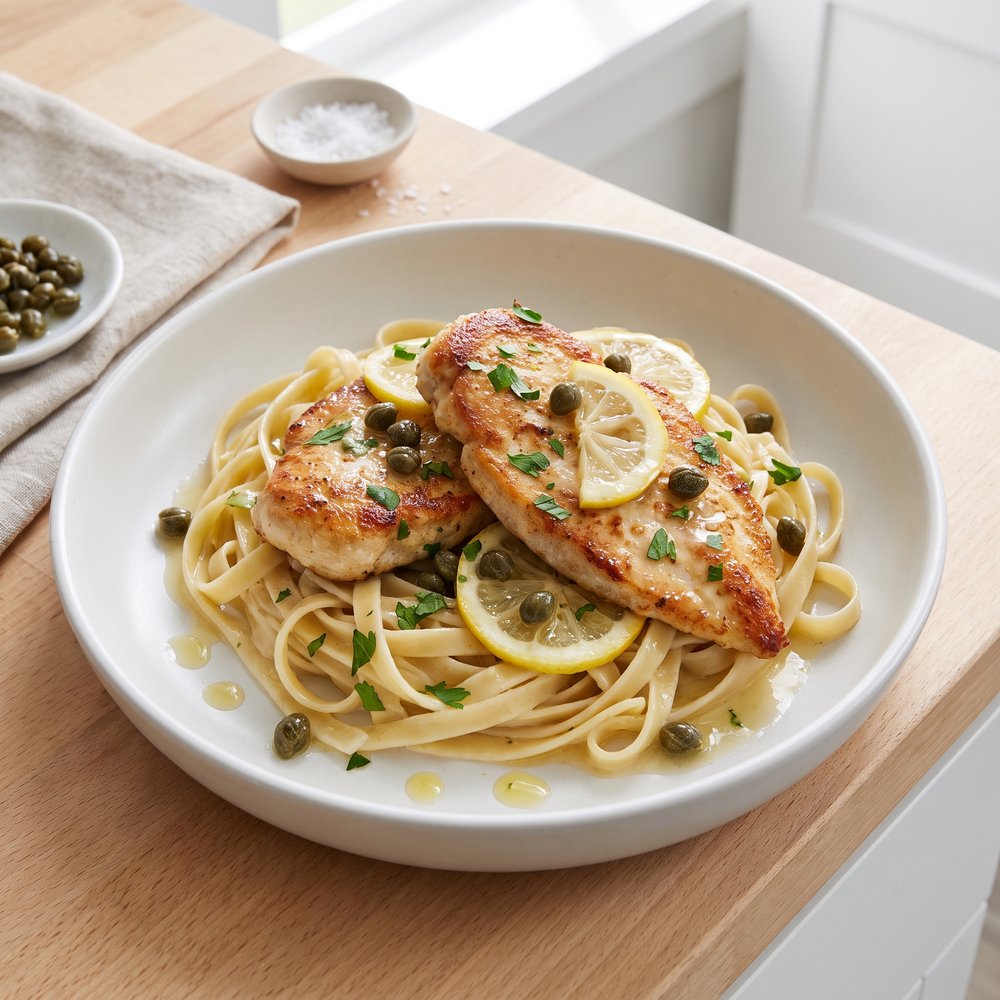 Lemon-Caper Chicken Piccata over Fettuccine