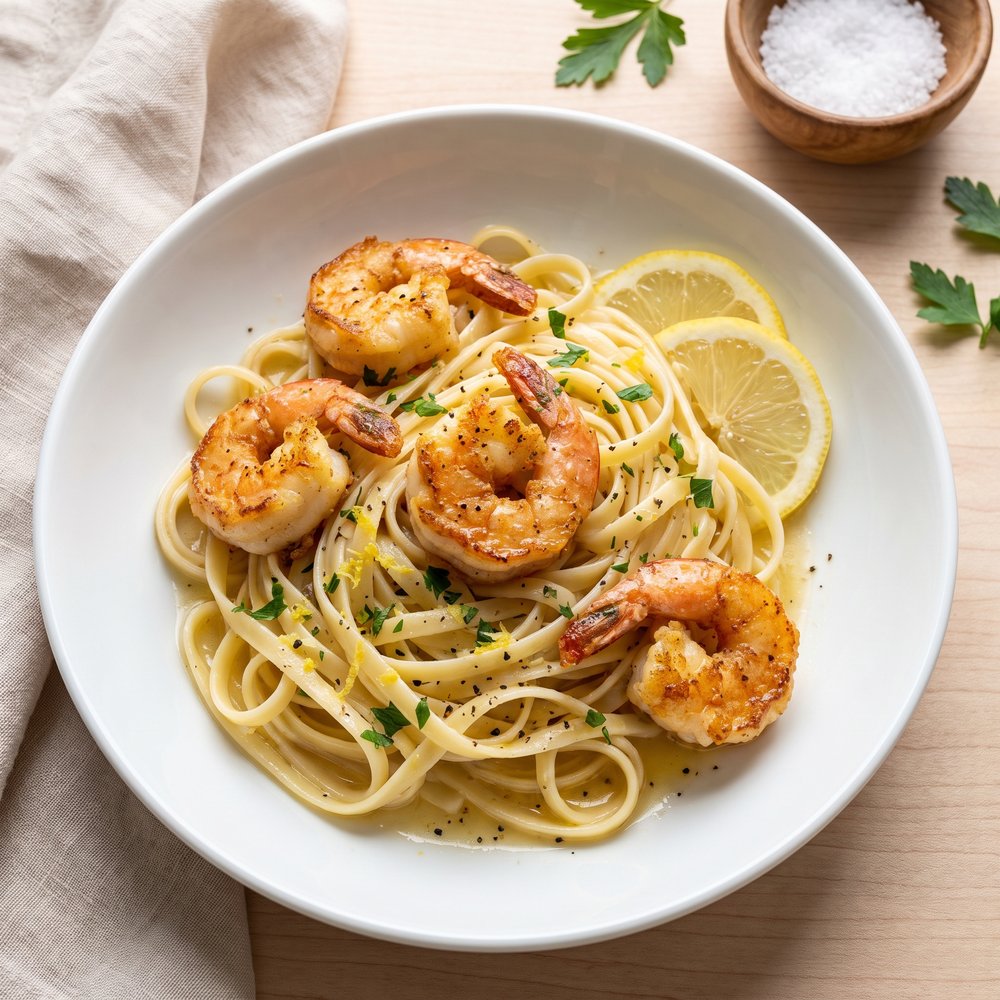 Lemon-White Wine Shrimp Francese with Linguine