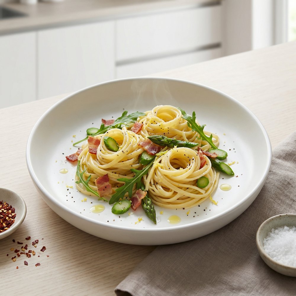 Linguine Tossed with Asparagus, Bacon, and Arugula