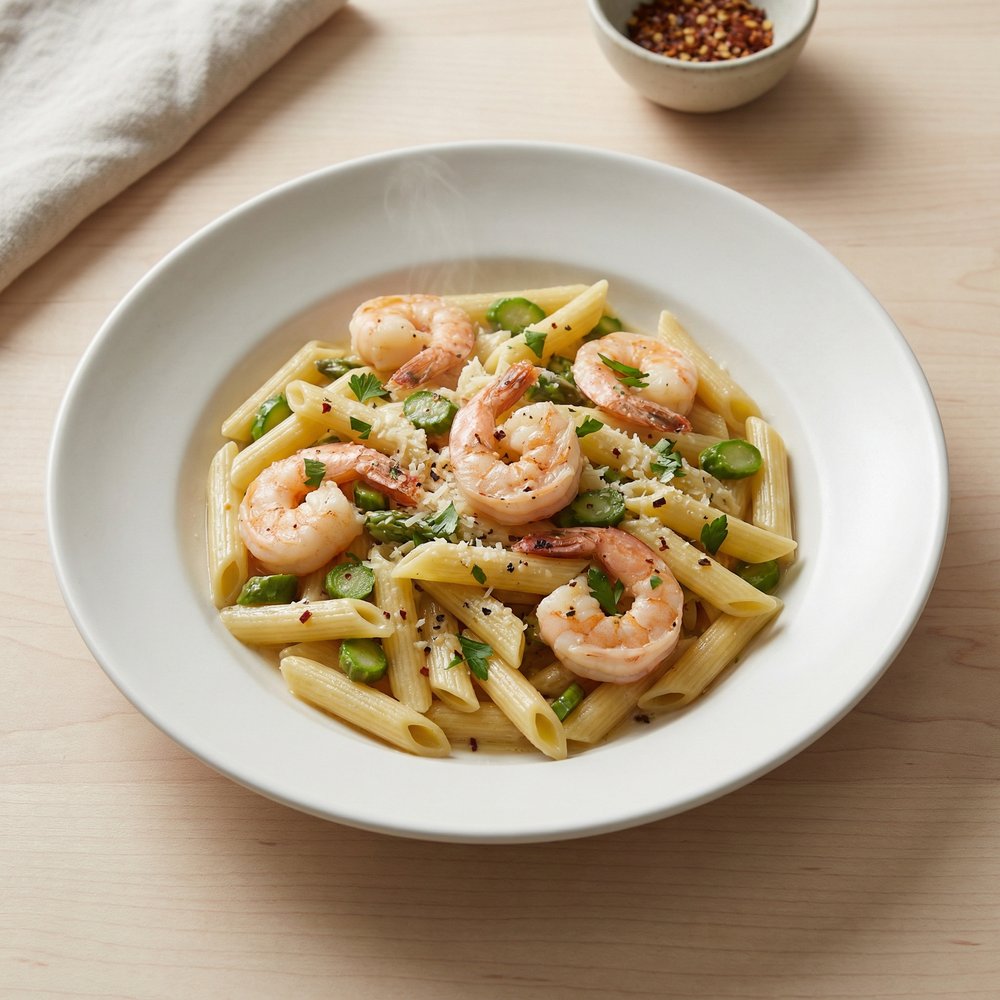 Penne with Shrimp and Asparagus in Lemon-White Wine Sauce