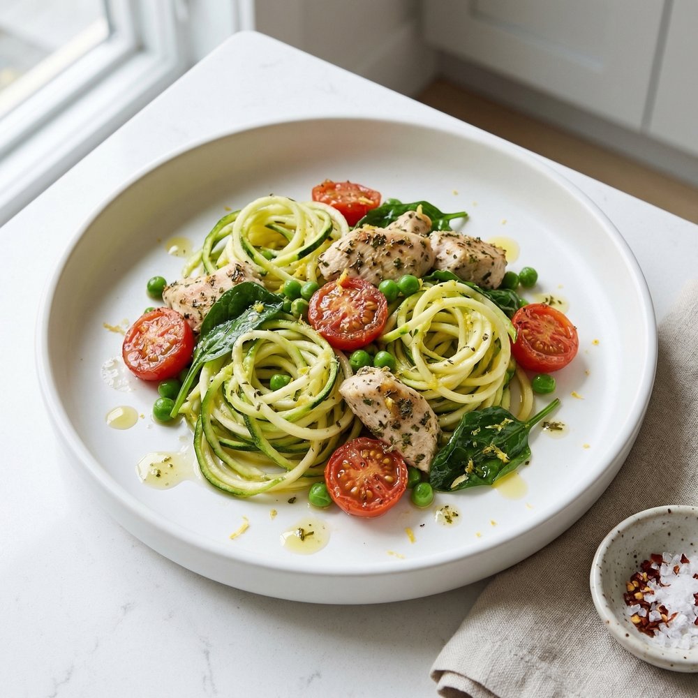 Chicken, Tomatoes, and Zucchini Noodles in Bright Lemon-Garlic Sauce