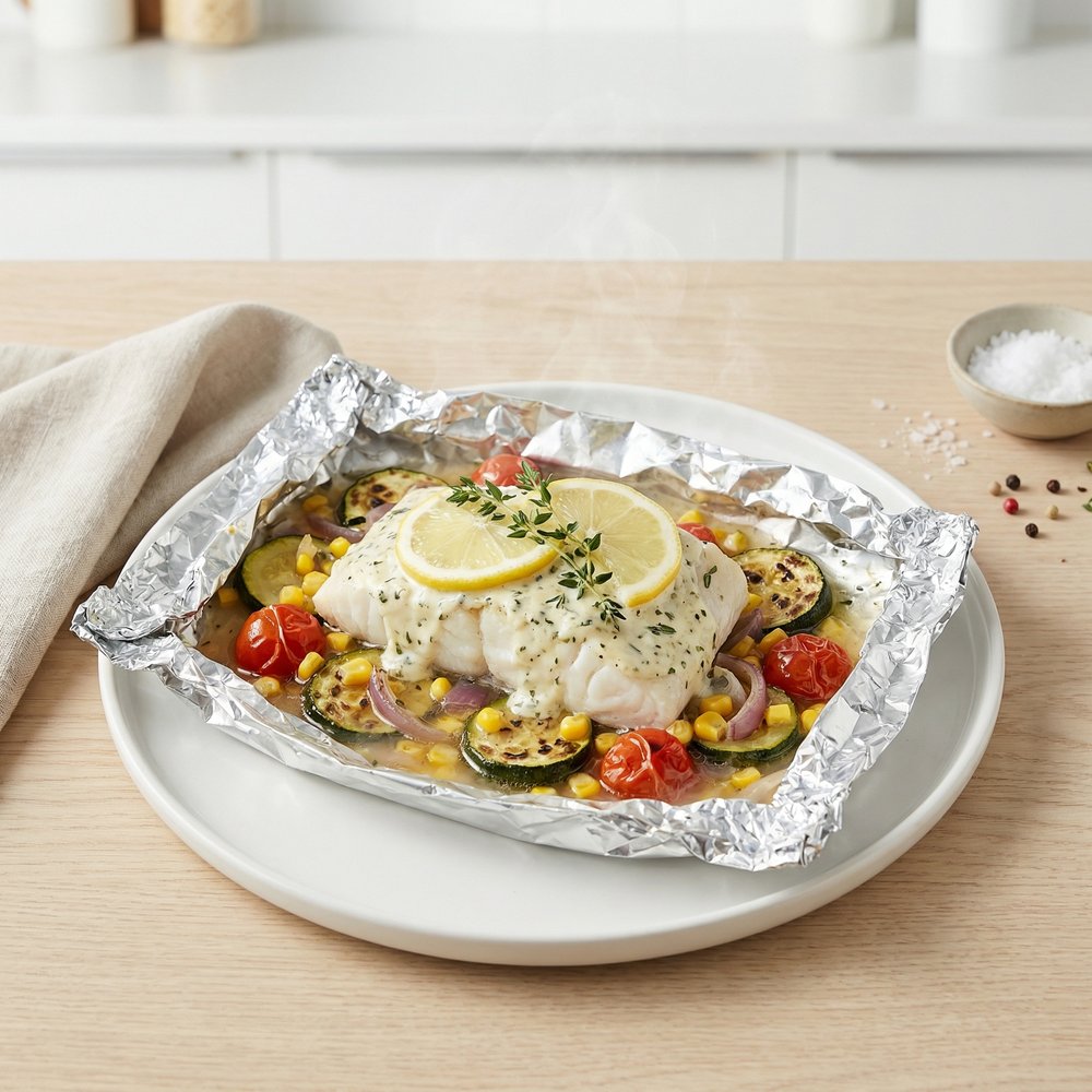 Halibut and Veggie Foil Packets on the Grill