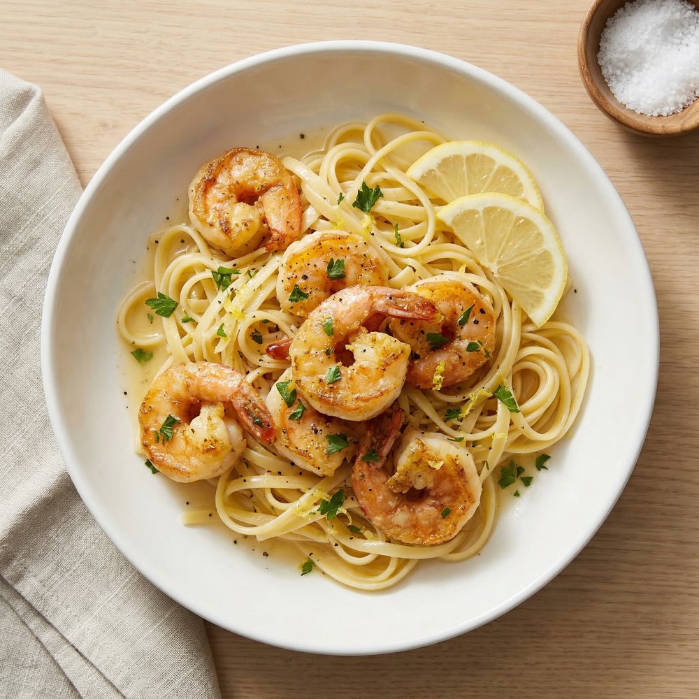 Lemon-White Wine Shrimp Francese with Linguine