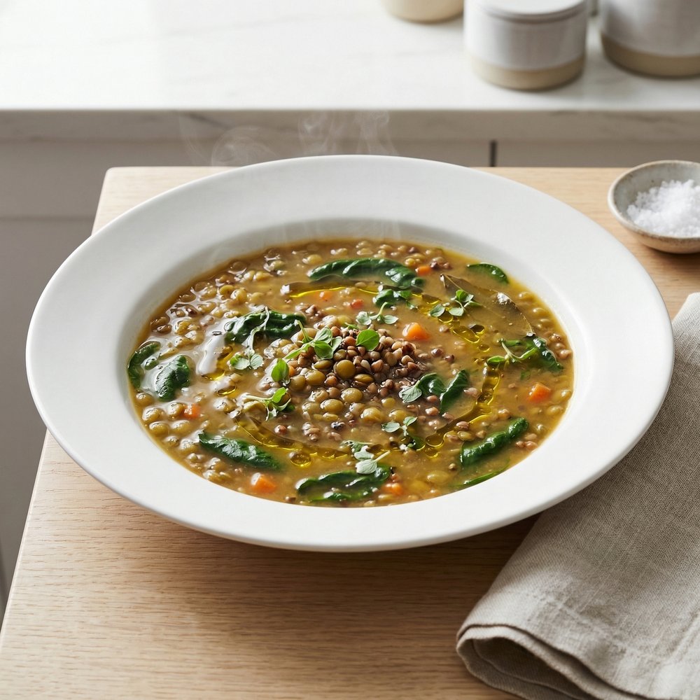 Buckwheat and Lentil Spinach Soup