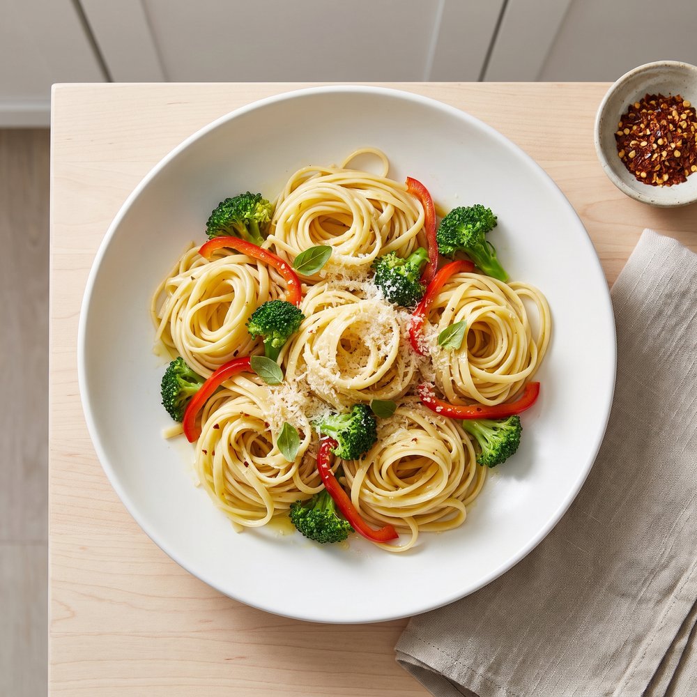 Linguine Tossed with Broccoli and Red Bell Peppers