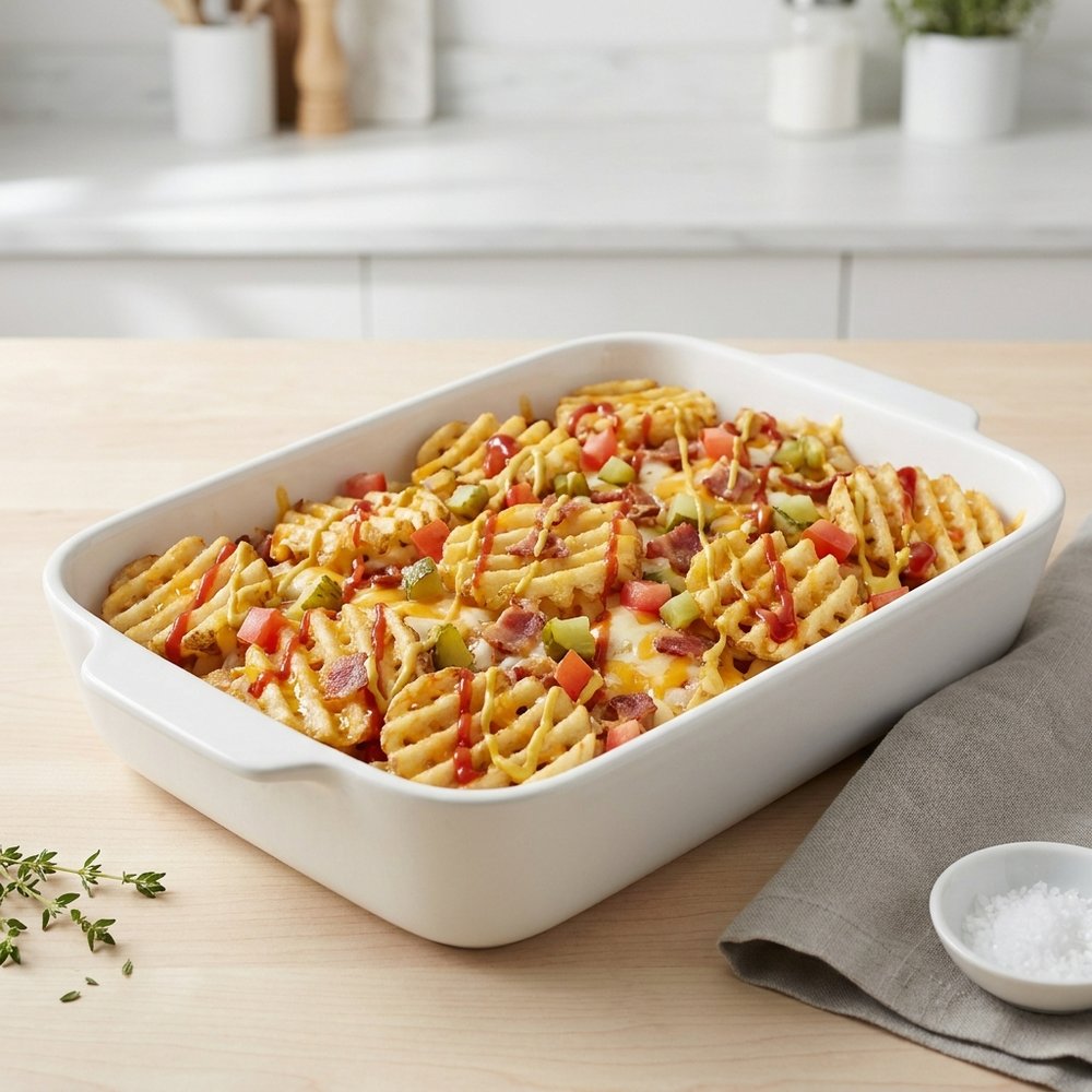 Loaded Cheeseburger Waffle Fry Bake