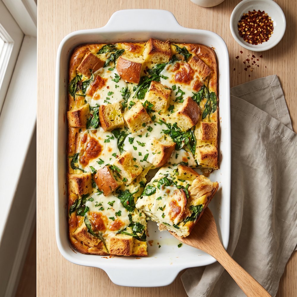 Make-Ahead Spinach and Mozzarella Breakfast Strata