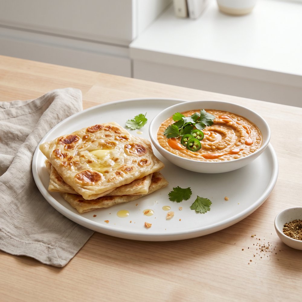 Malaysian Flatbread (Roti Canai) with Curried Lentil Dip