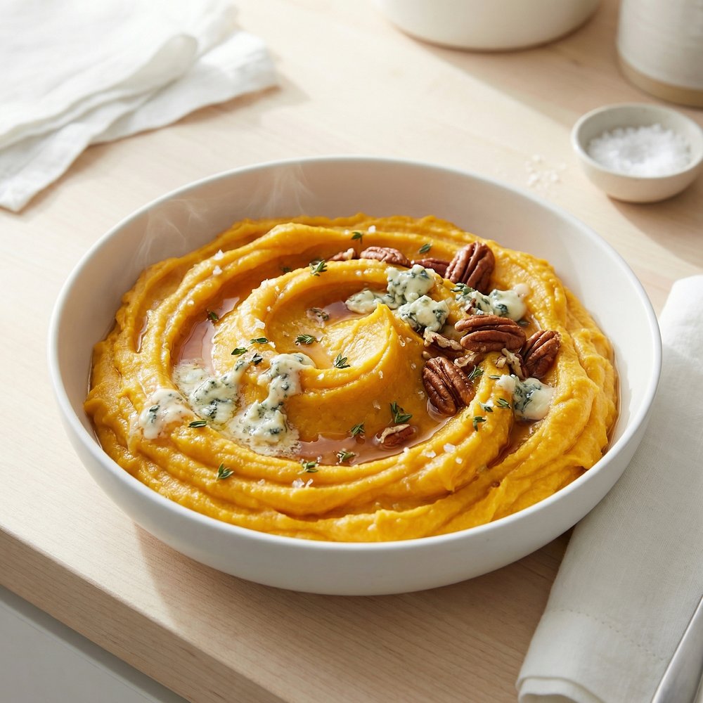 Mashed Butternut Squash with Blue Cheese and Pecans
