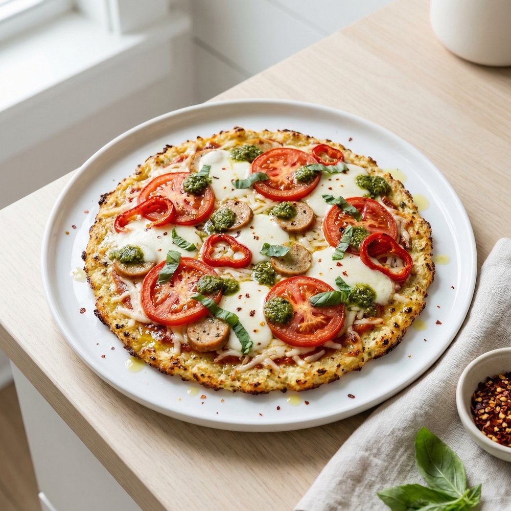 Sausage and Pesto Margherita on Cauliflower Crust