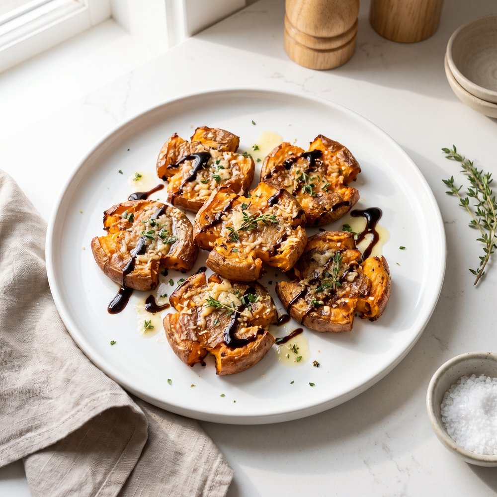Mediterranean Smashed Sweet Potatoes