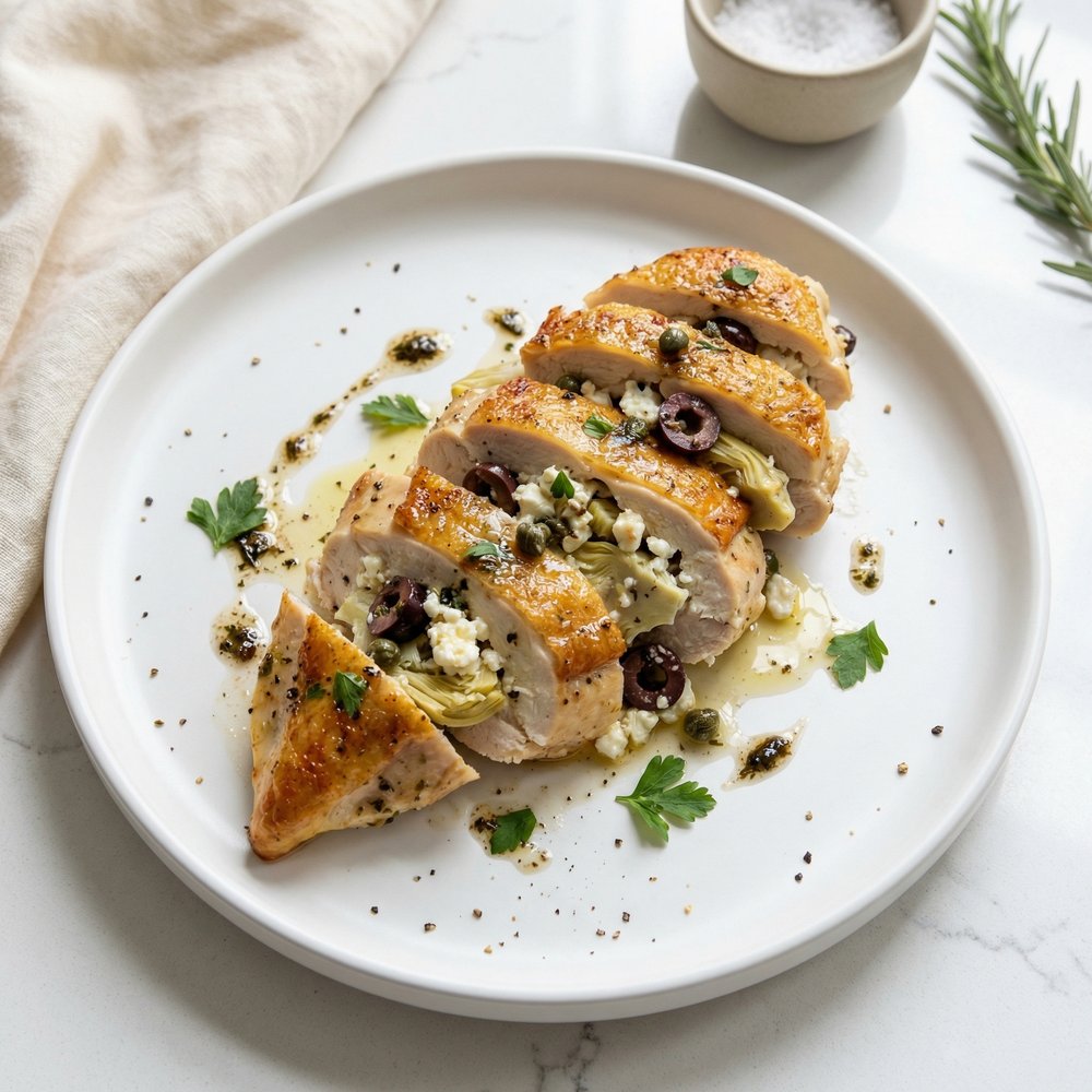 Stuffed Chicken Breasts with Artichoke Hearts, Feta Cheese, Capers, and Black Olives
