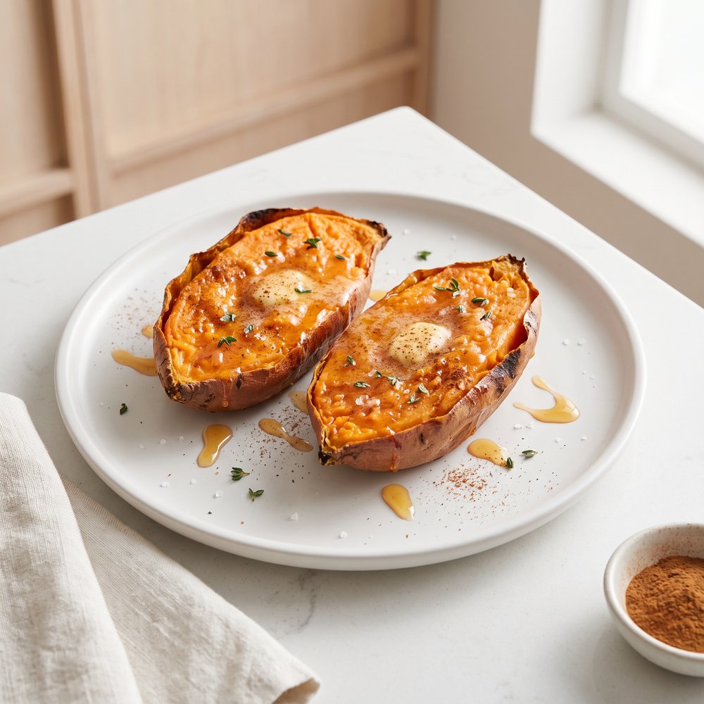 Microwave “Baked” Sweet Potatoes with Honey-Cinnamon Butter