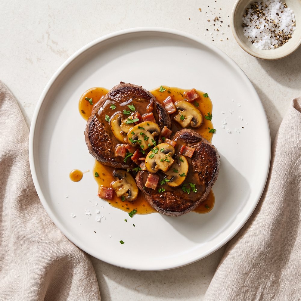 Mushroom-Topped Filet Mignon with Bourbon Pan Sauce
