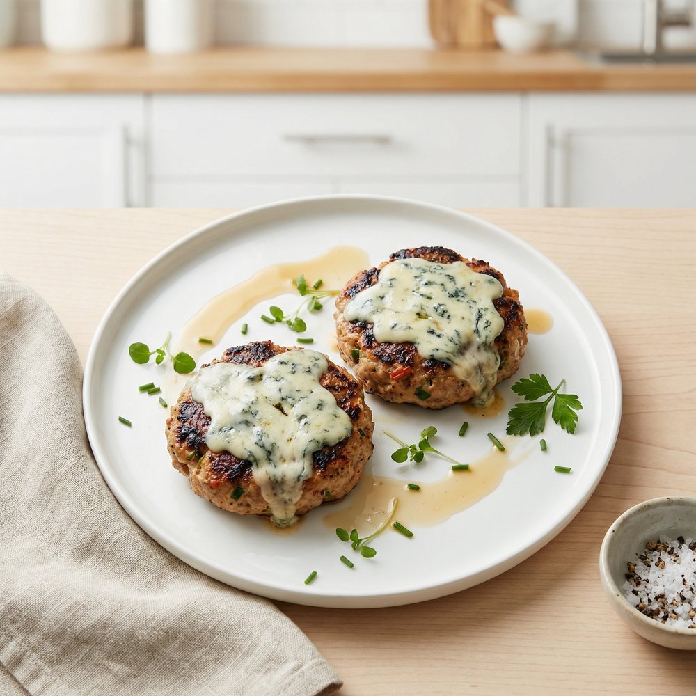 Turkey Burgers with Mushrooms and Blue Cheese