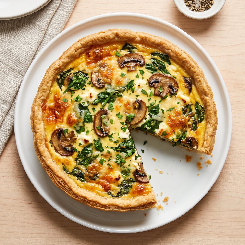 Mushroom and Spinach Quiche with Feta and Swiss