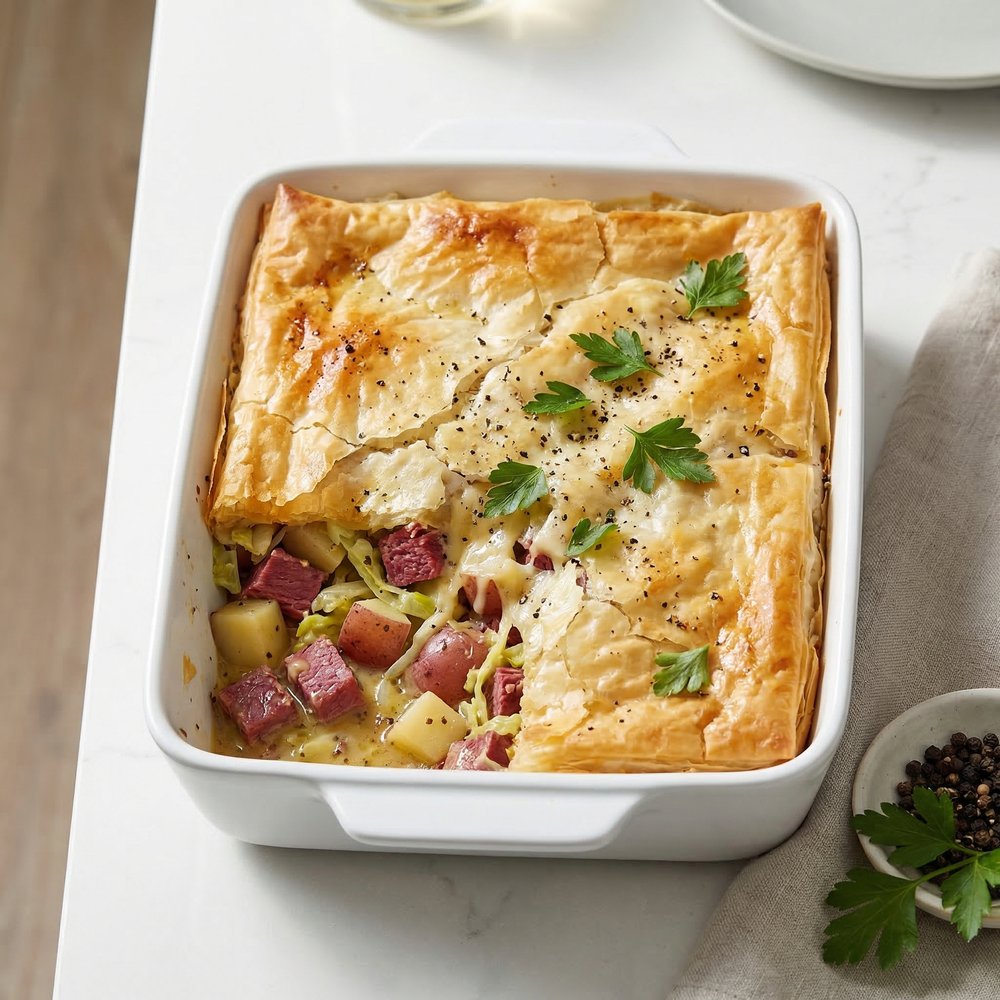 Irish Corned Beef and Cabbage Casserole with Phyllo Crust