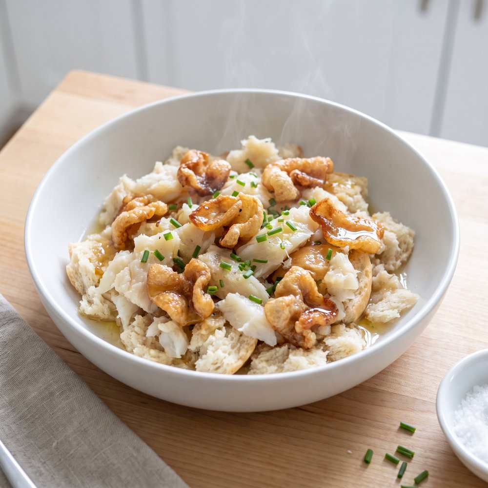 Newfoundland Fish and Brewis with Crispy Scruncheons