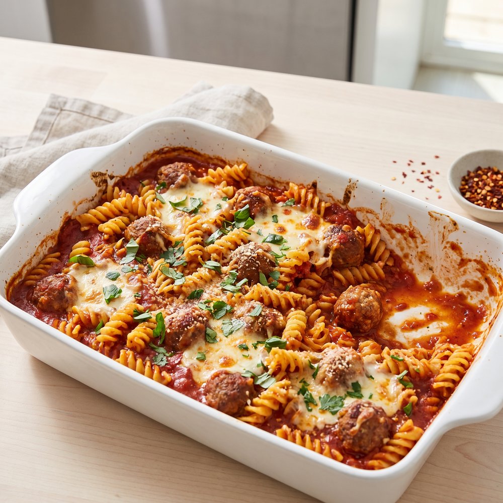 No-Boil Baked Meatball Pasta Casserole