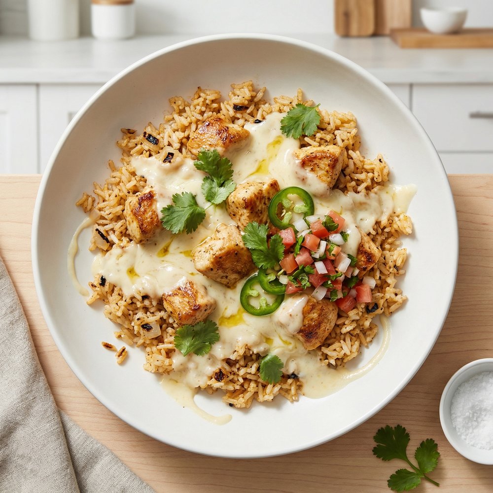 One Pan Happy Plate (Queso Chicken and Rice)
