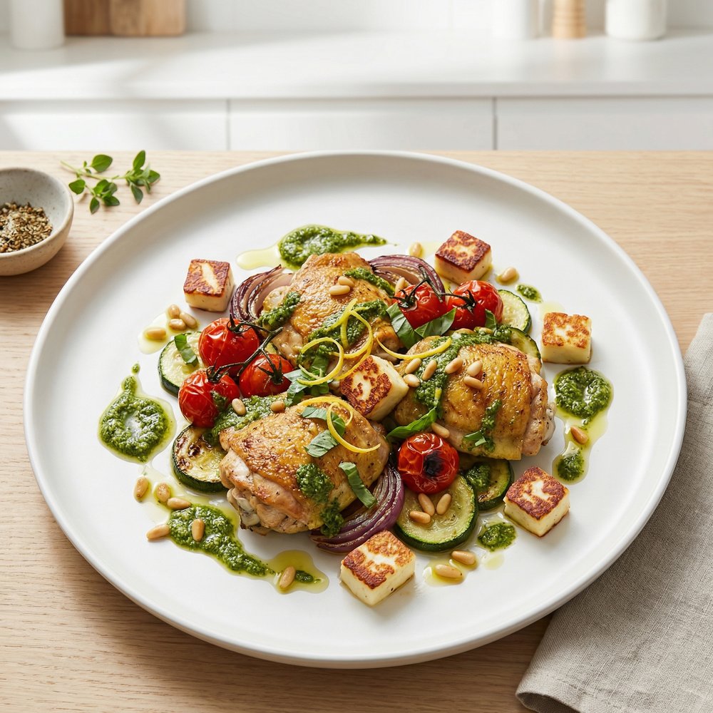 Skillet Pesto Chicken Thighs with Veggies