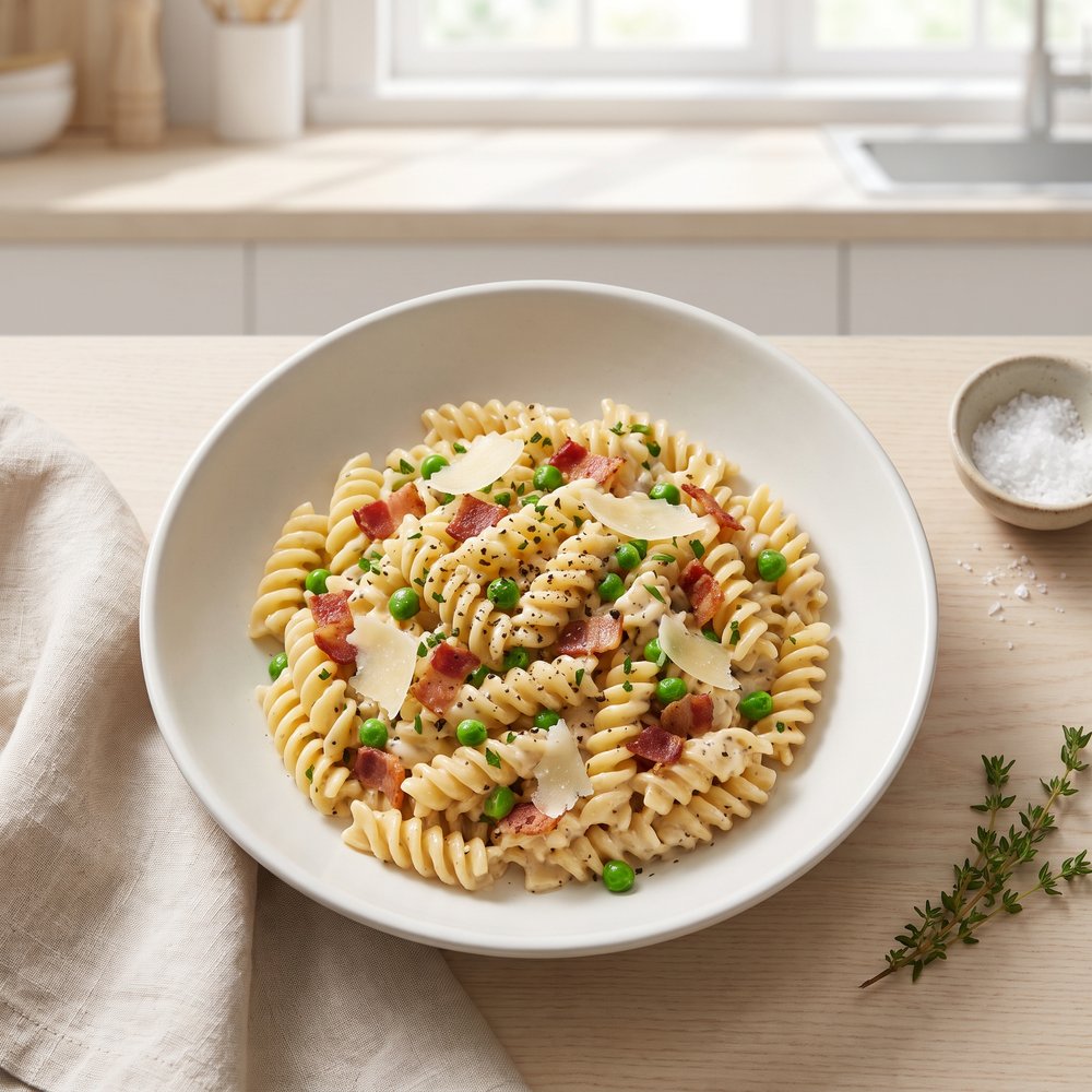 One Pan Pasta with Bacon and Peas