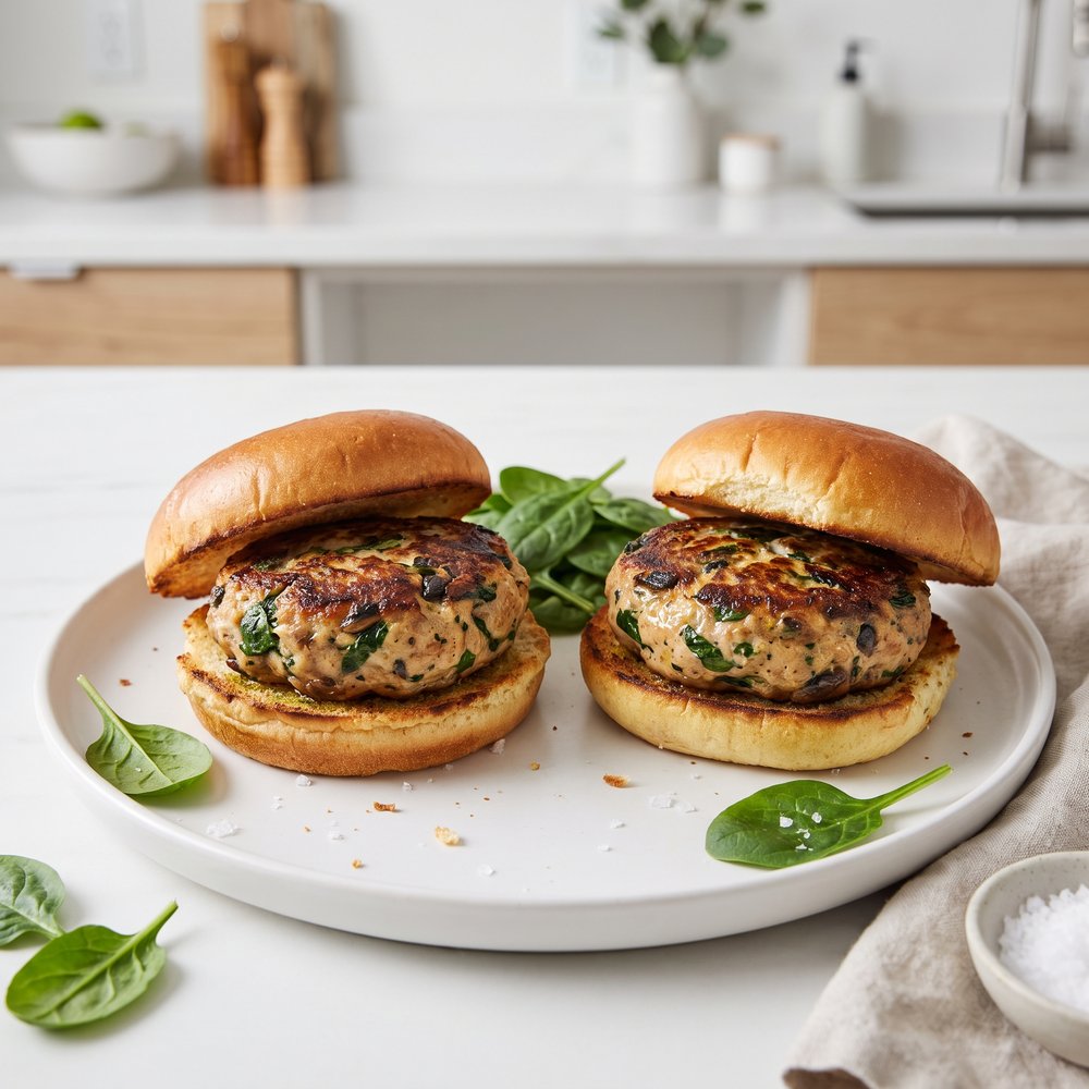 Oven-Baked Chicken Burgers with Mushrooms and Spinach