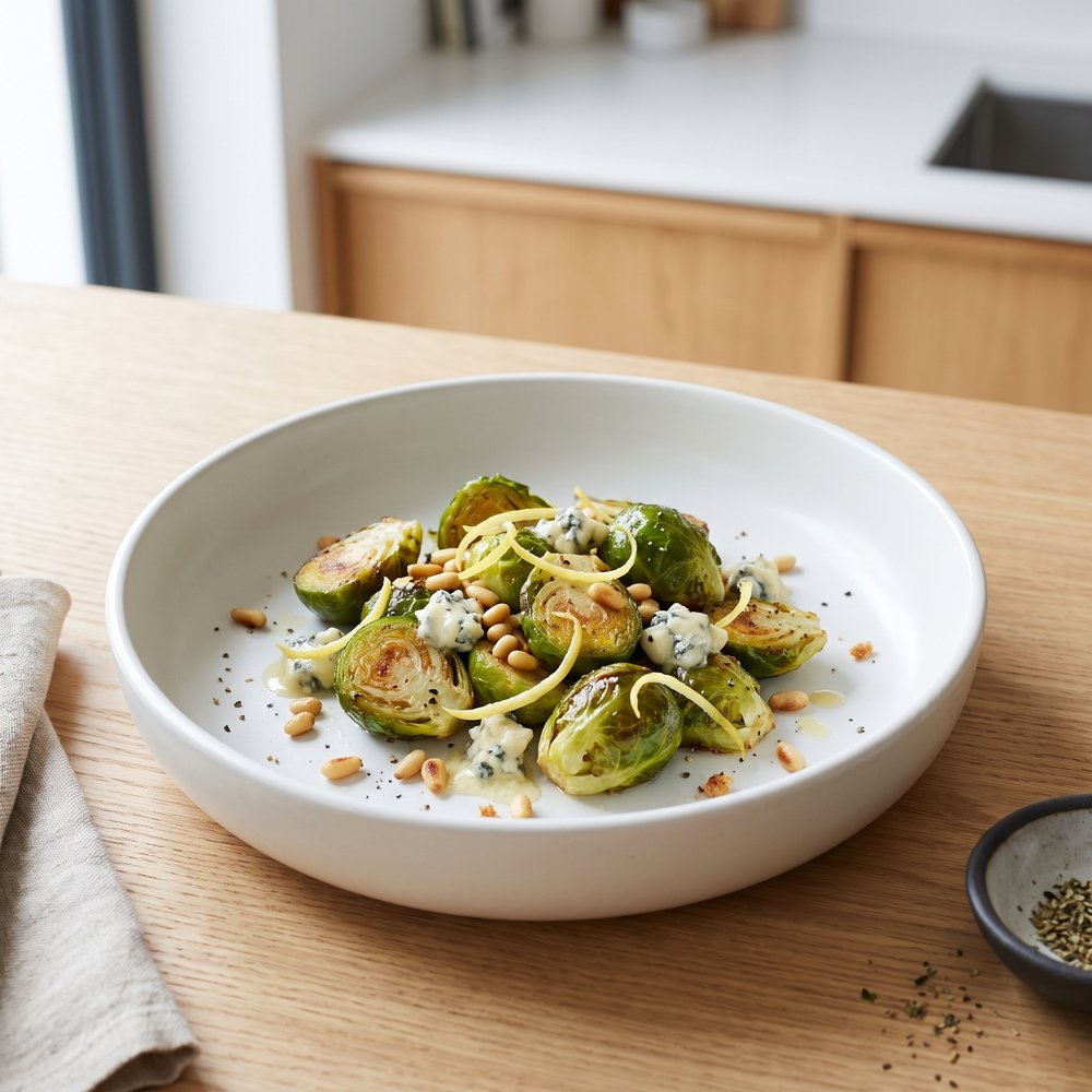 Oven-Roasted Brussels Sprouts with Lemon, Pine Nuts, and Blue Cheese