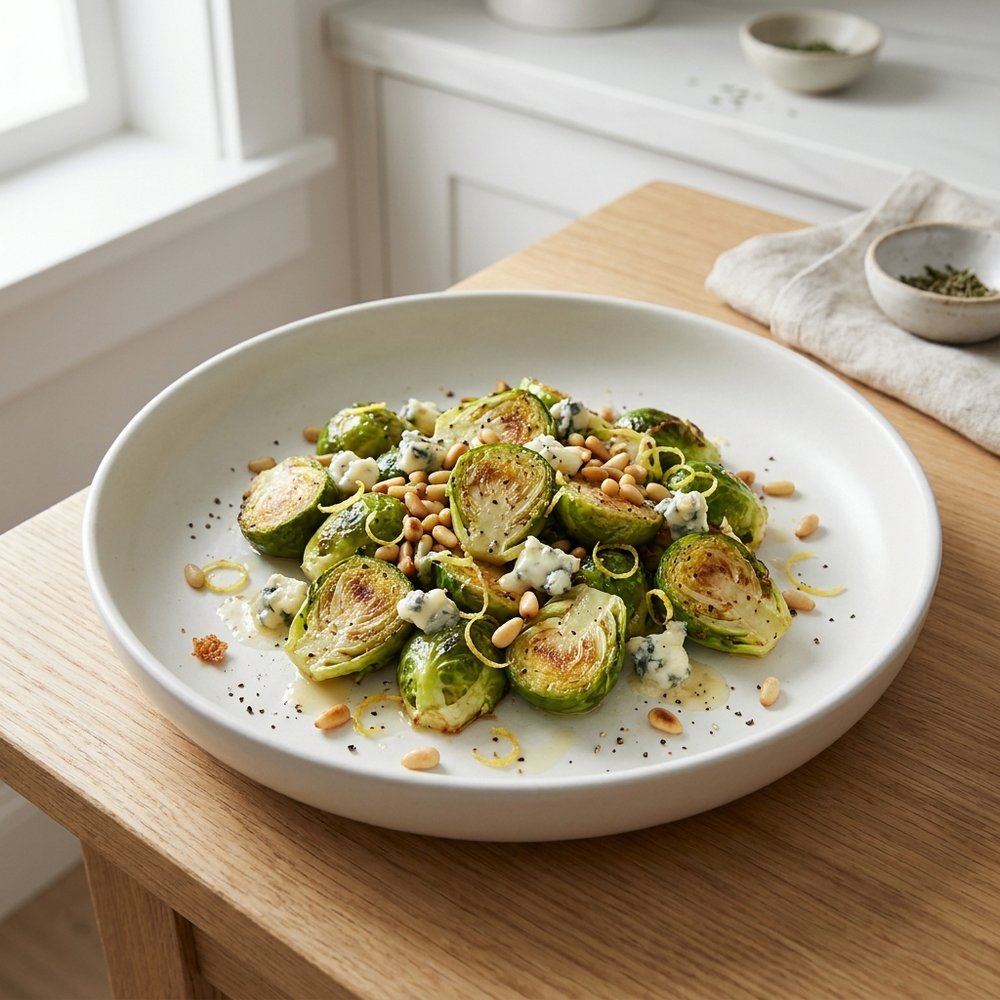 Oven-Roasted Brussels Sprouts with Lemon, Pine Nuts, and Blue Cheese