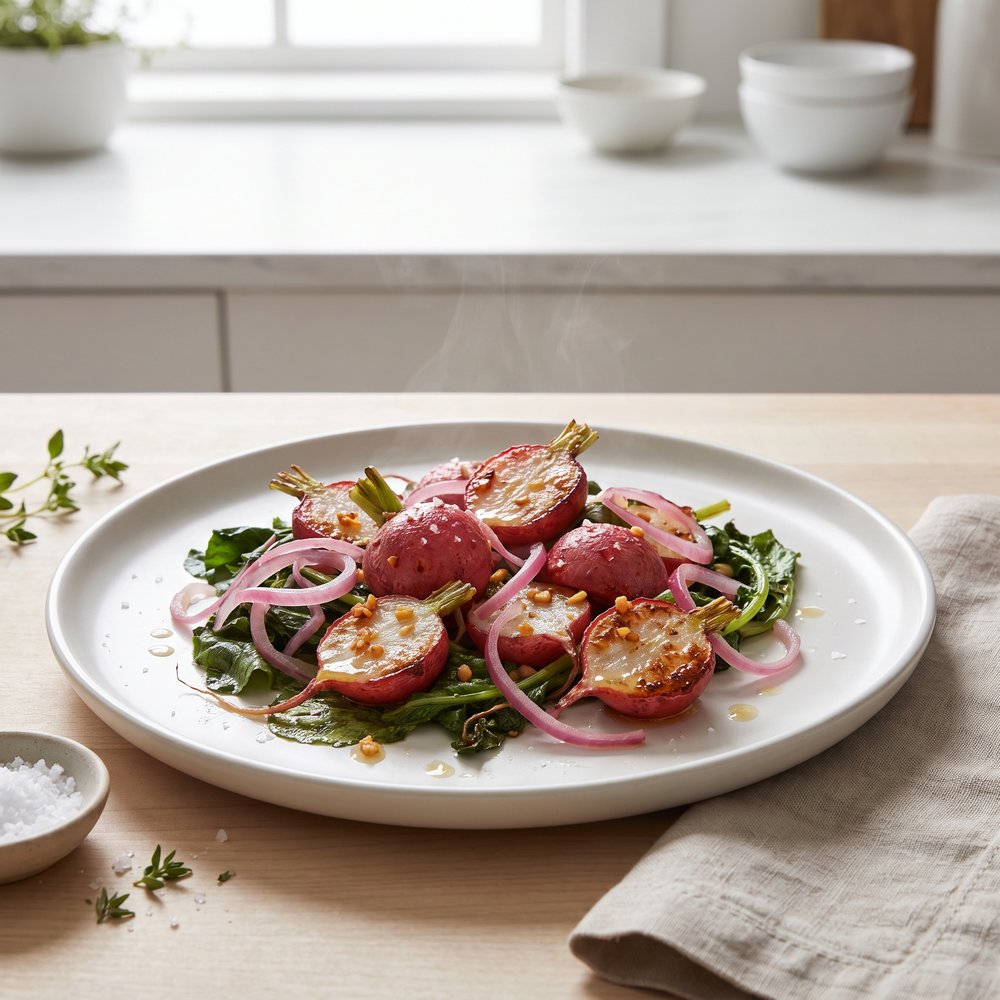 Oven-Roasted Radishes with Sautéed Radish Greens