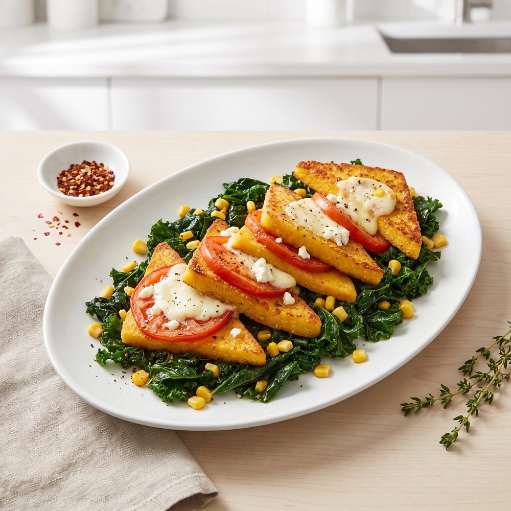 Pan-fried Polenta with Corn, Kale and Goat Cheese