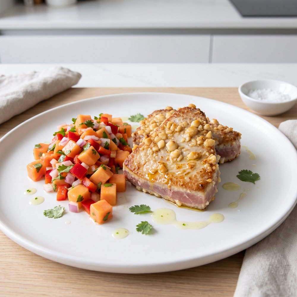 Papaya-Lime Salsa with Macadamia-Crusted Grilled Tuna