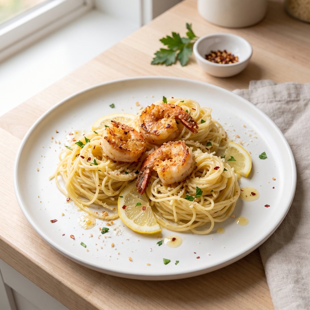 Parmesan-Crusted Shrimp Scampi with Pasta
