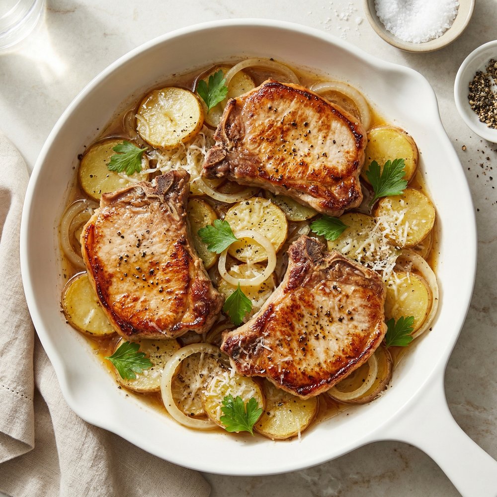 Pan-Seared Pork Chops with Potatoes and Onions