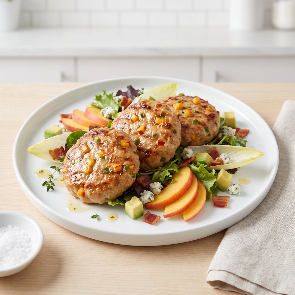 Peach-Turkey Burger Salad with Endive, Bacon, Avocado & Gorgonzola
