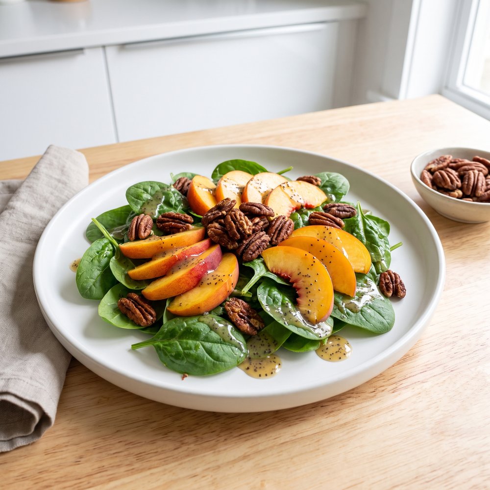Peach and Pecan Spinach Salad with Poppyseed Dressing