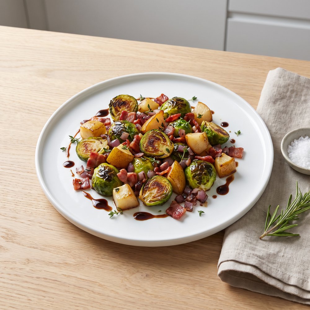 Pear-Studded Roasted Brussels Sprouts