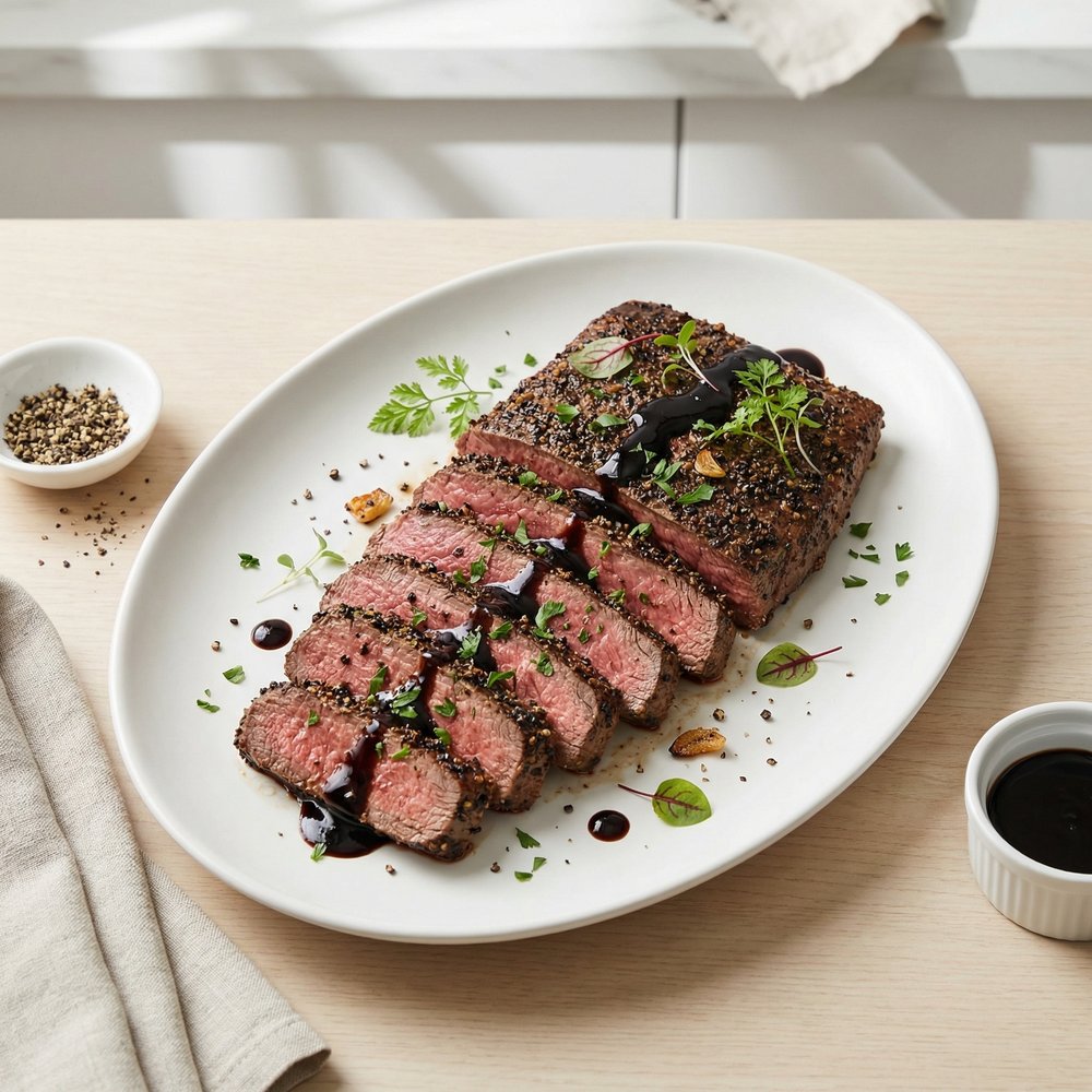 Pepper-Crusted Flat Iron with Balsamic Glaze