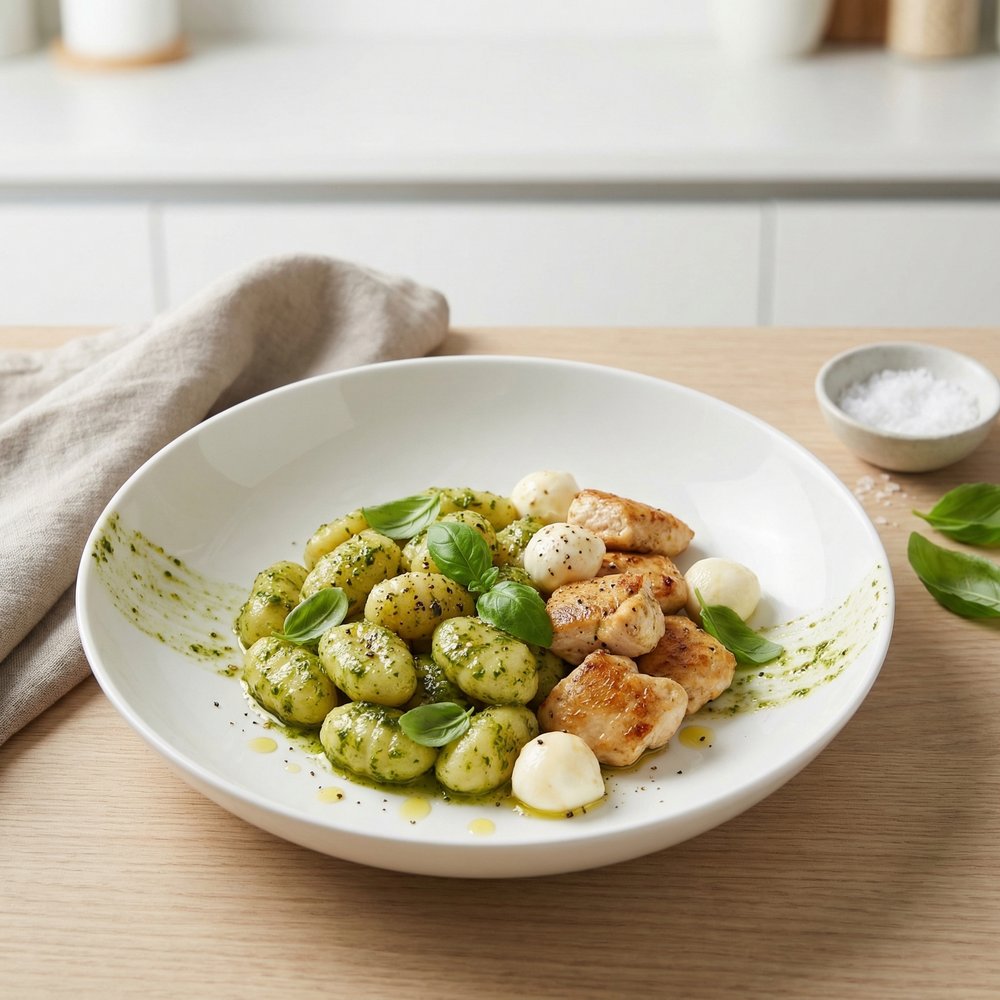 Chicken Pesto Gnocchi with Fresh Mozzarella Pearls
