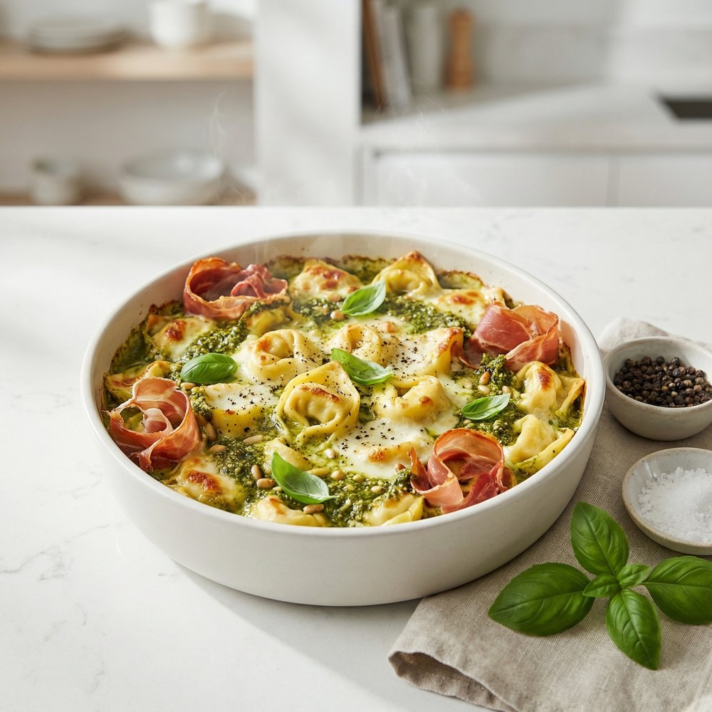 4-Ingredient Pesto Tortellini Bake