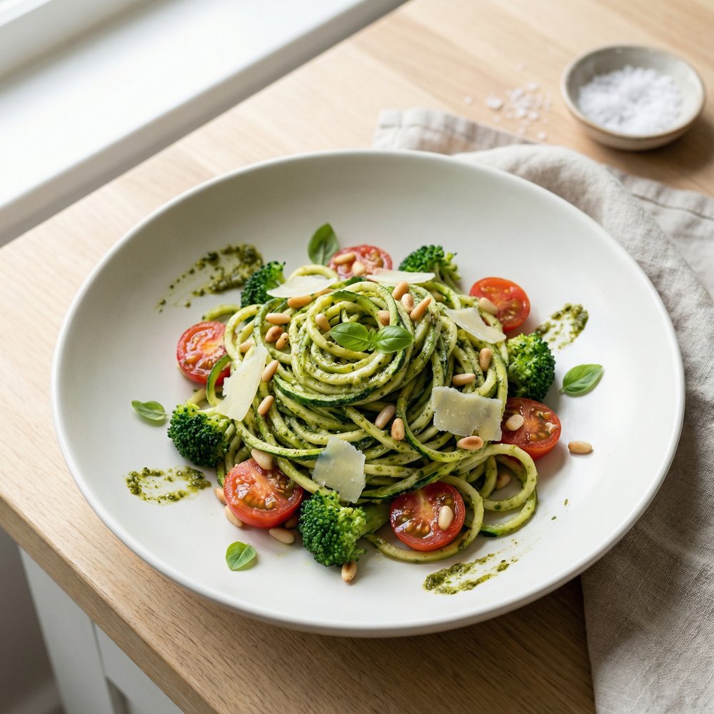 Pesto Zucchini Noodles with Tomatoes and Broccoli