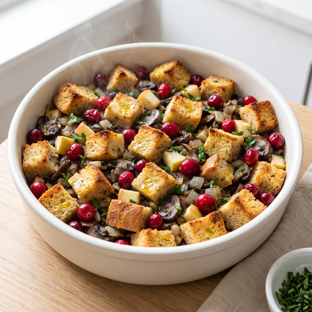 Plant-Based Holiday Stuffing with Mushrooms, Cranberries, and Herbs