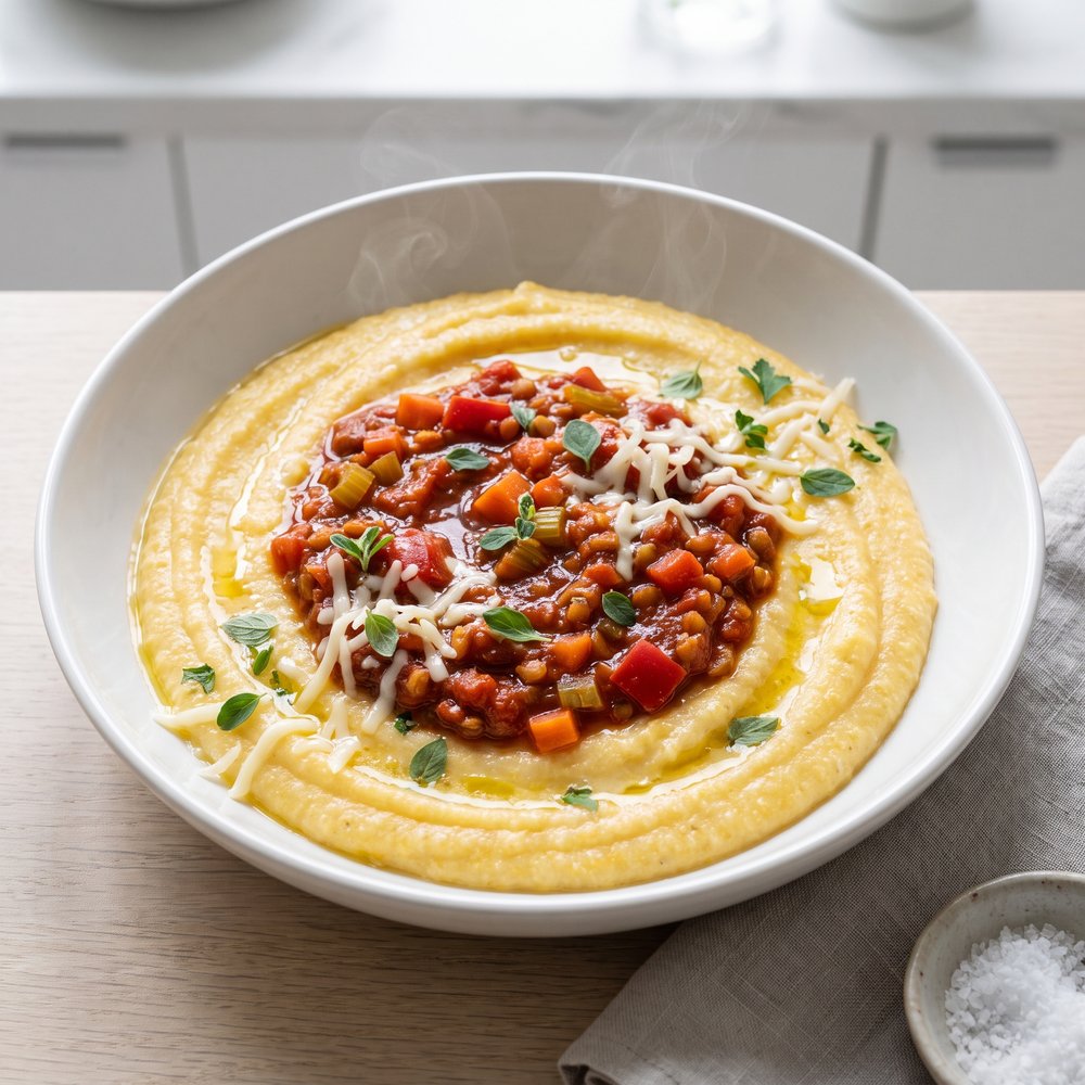 Plant-Based Polenta with Lentil-TVP Ragù