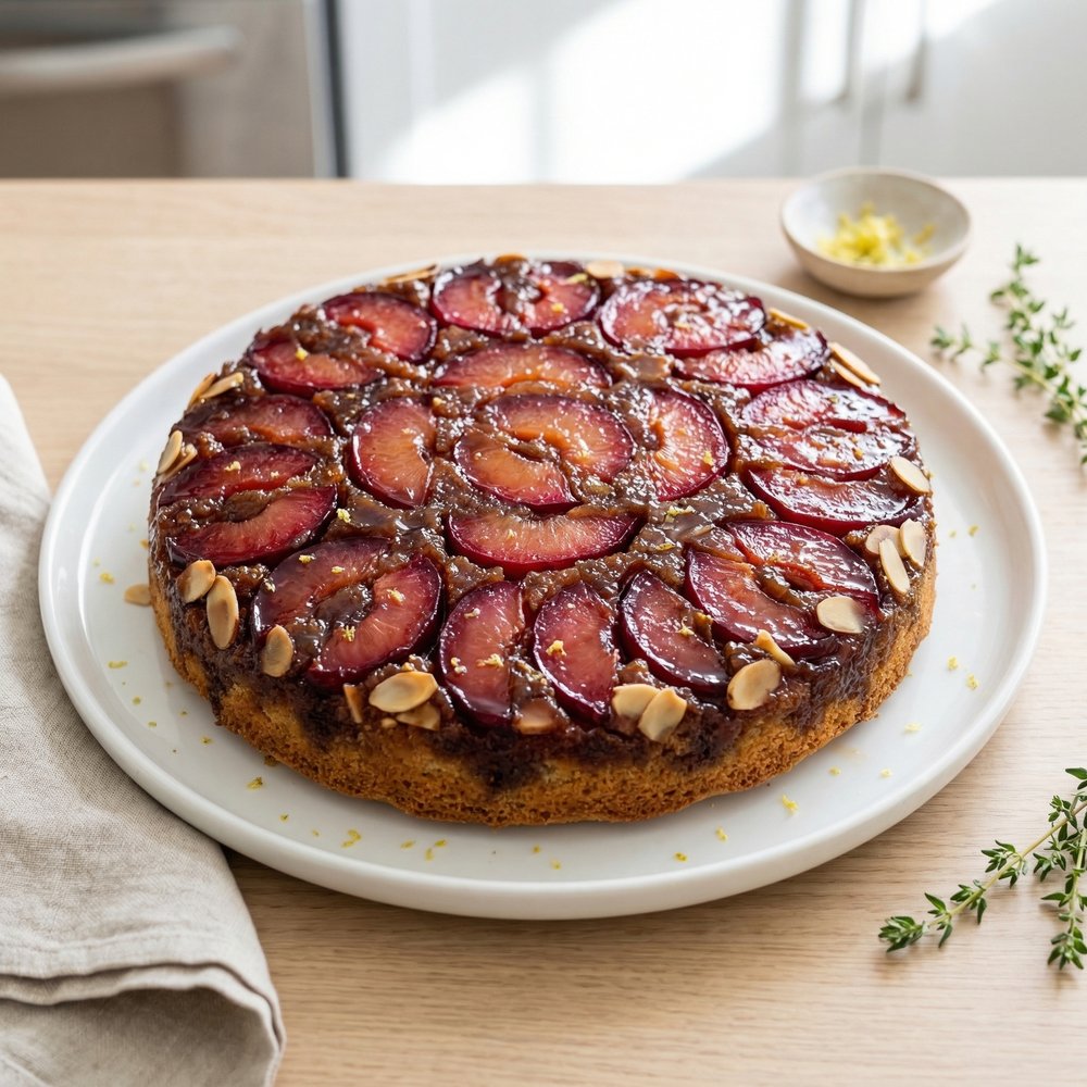 Caramelized Plum–Almond Upside-Down Cake