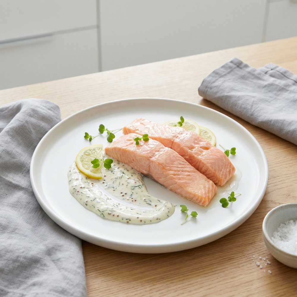 Quick Poached Salmon with Dill Mustard Sauce