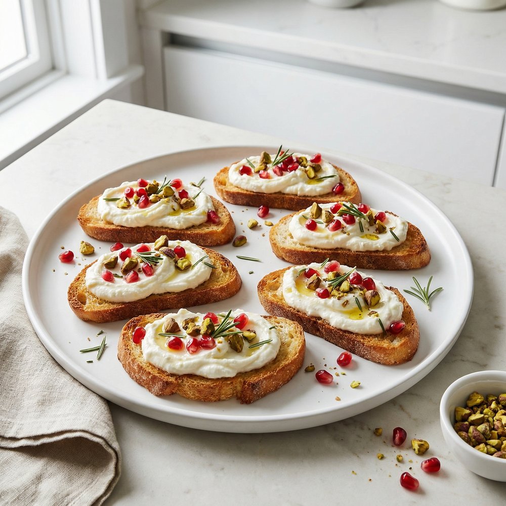 Pistachio and Pomegranate Crostini Bites