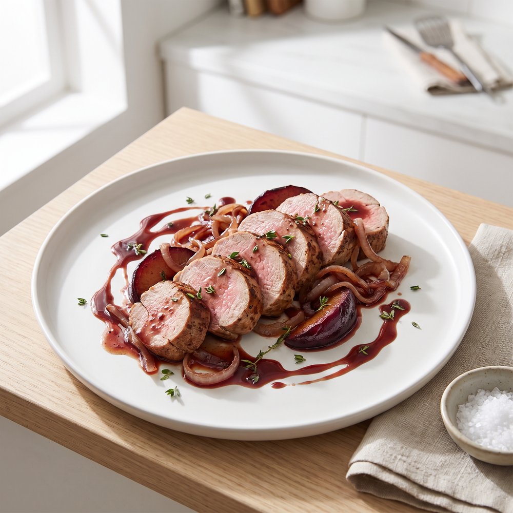 Pork Tenderloin with Roasted Plum and Onion Pan Sauce