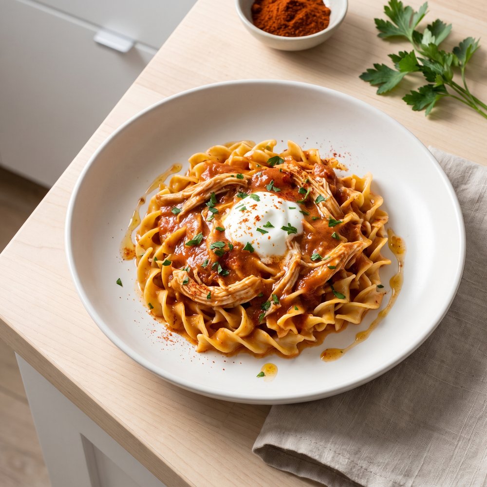 Pressure Cooker Chicken Paprikash with Egg Noodles